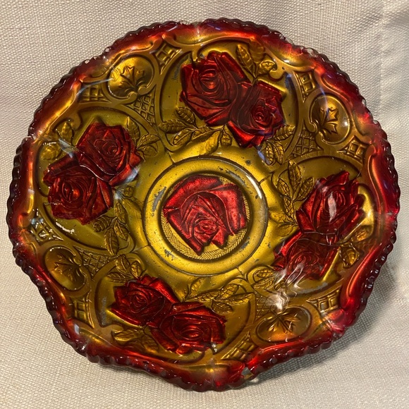 Antique 9.25” Goofas Glass Gold & Red Reverse Painted Bowl - Picture 1 of 3